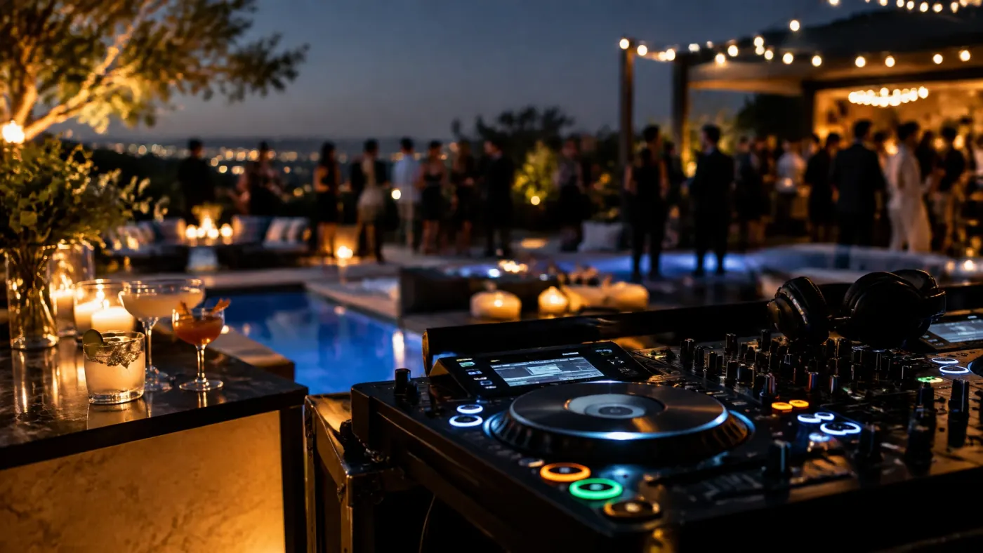 A vibrant party scene with colorful lights and a lively crowd